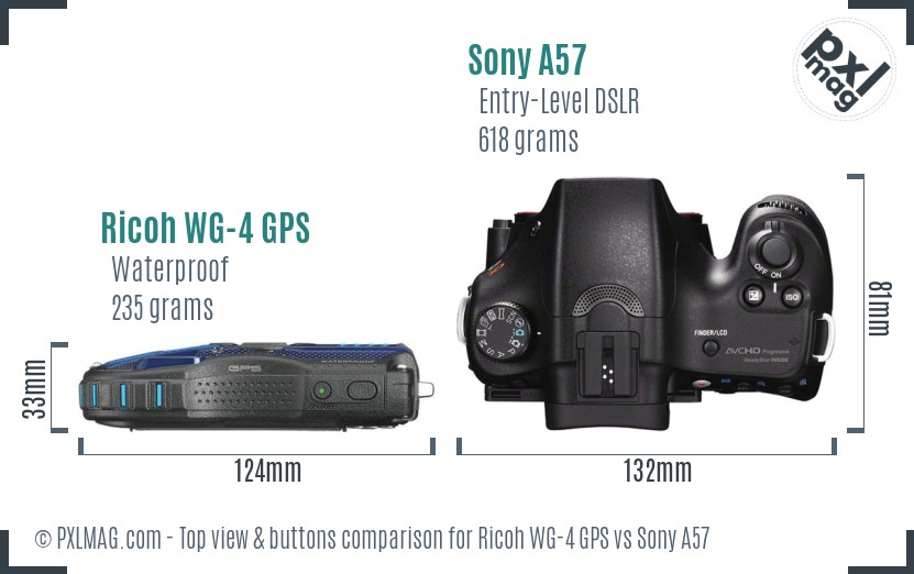 Ricoh WG-4 GPS vs Sony A57 top view buttons comparison