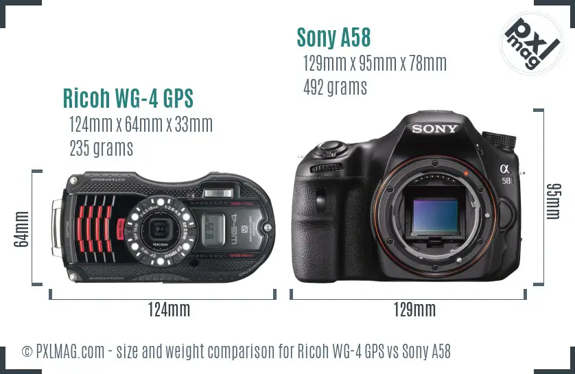 Ricoh WG-4 GPS vs Sony A58 size comparison