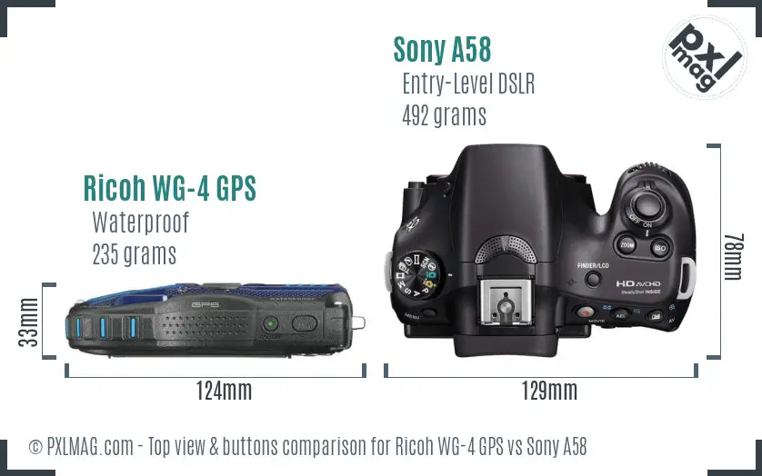 Ricoh WG-4 GPS vs Sony A58 top view buttons comparison