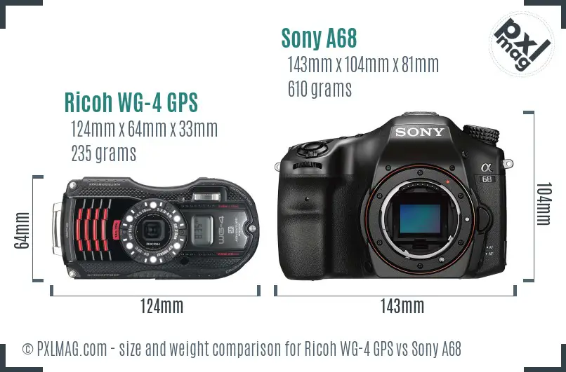 Ricoh WG-4 GPS vs Sony A68 size comparison
