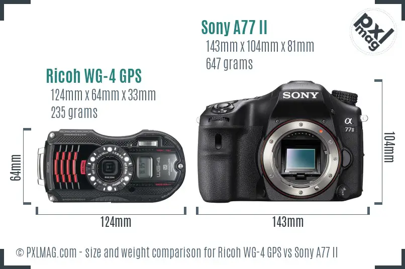 Ricoh WG-4 GPS vs Sony A77 II size comparison