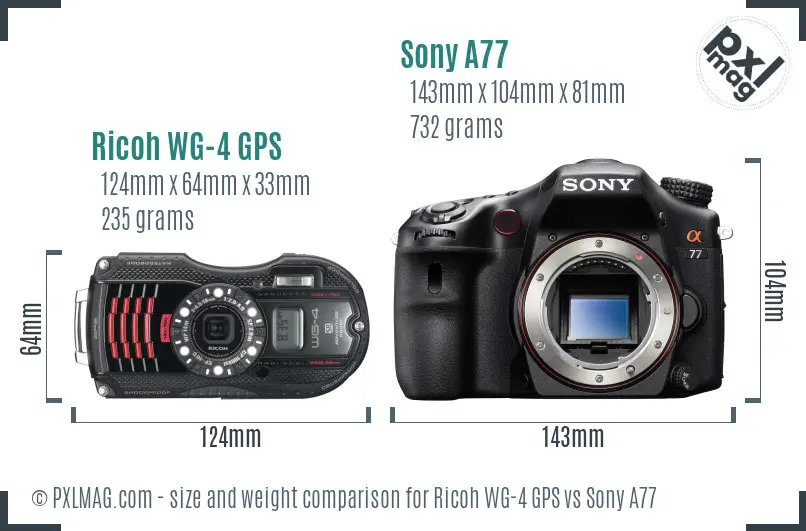 Ricoh WG-4 GPS vs Sony A77 size comparison