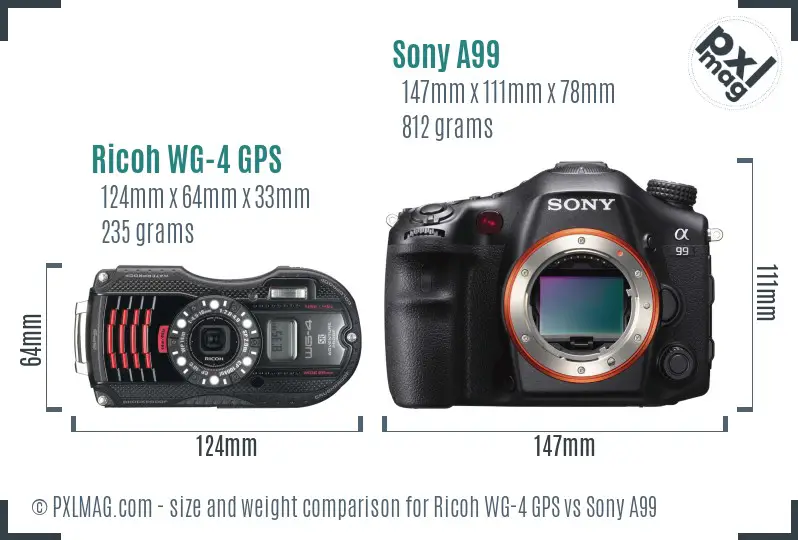 Ricoh WG-4 GPS vs Sony A99 size comparison