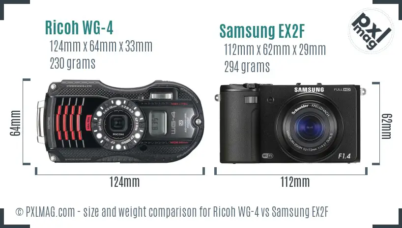 Ricoh WG-4 vs Samsung EX2F size comparison