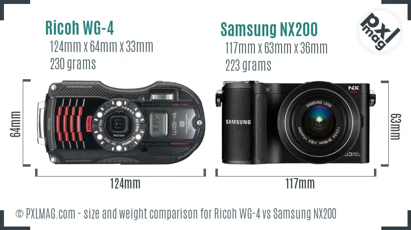 Ricoh WG-4 vs Samsung NX200 size comparison
