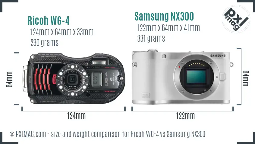 Ricoh WG-4 vs Samsung NX300 size comparison