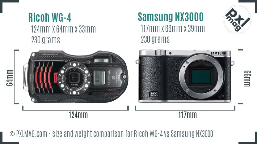 Ricoh WG-4 vs Samsung NX3000 size comparison