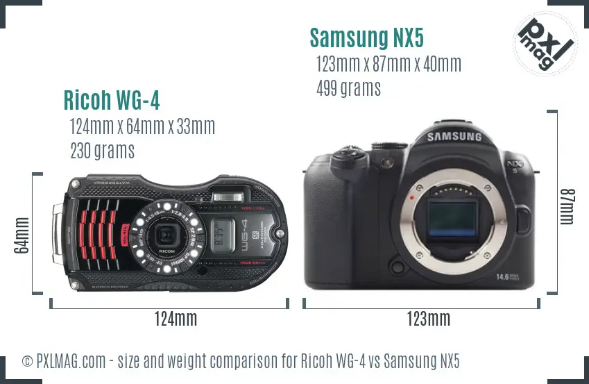 Ricoh WG-4 vs Samsung NX5 size comparison