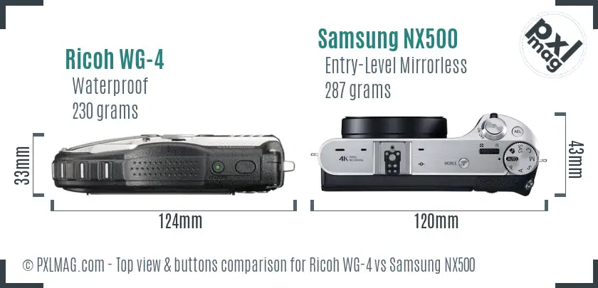 Ricoh WG-4 vs Samsung NX500 top view buttons comparison