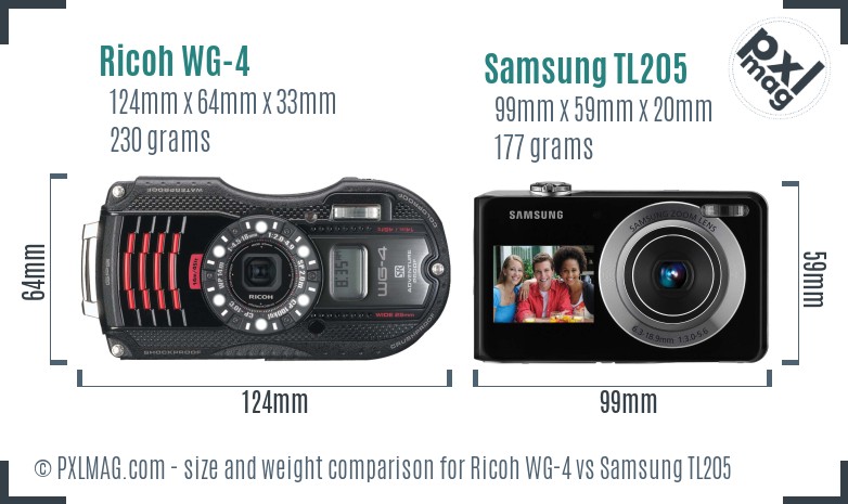 Ricoh WG-4 vs Samsung TL205 size comparison