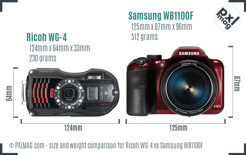 Ricoh WG-4 vs Samsung WB1100F size comparison