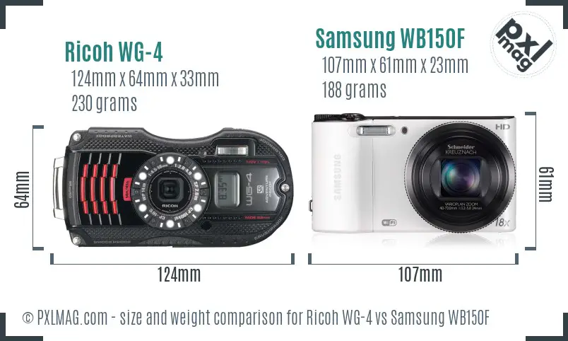 Ricoh WG-4 vs Samsung WB150F size comparison