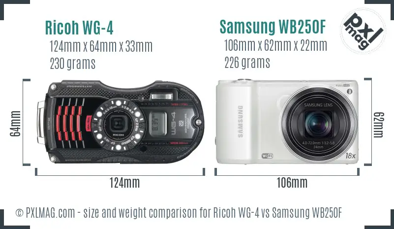 Ricoh WG-4 vs Samsung WB250F size comparison