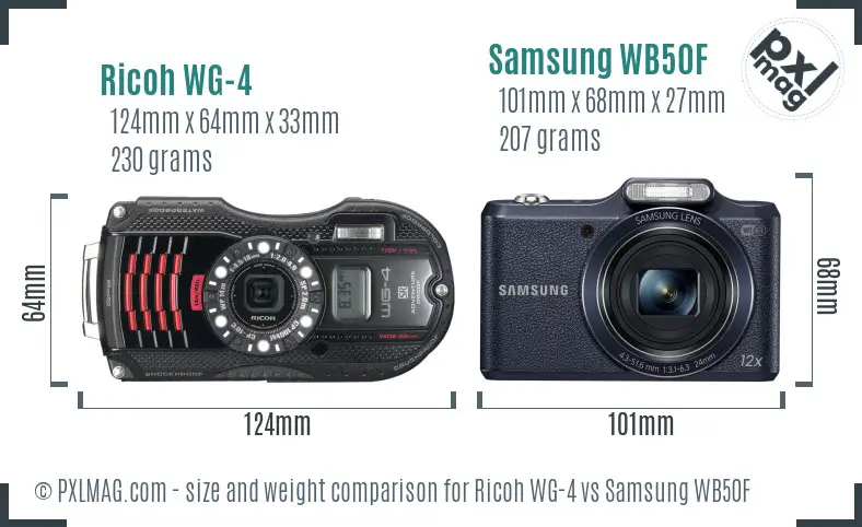 Ricoh WG-4 vs Samsung WB50F size comparison