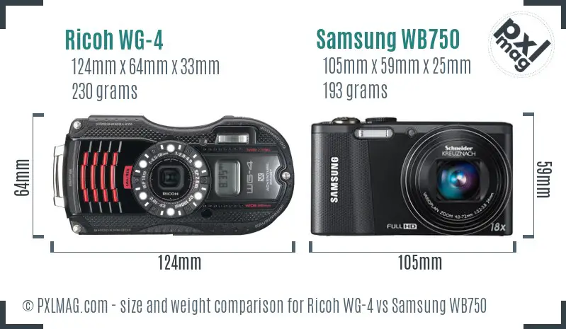Ricoh WG-4 vs Samsung WB750 size comparison