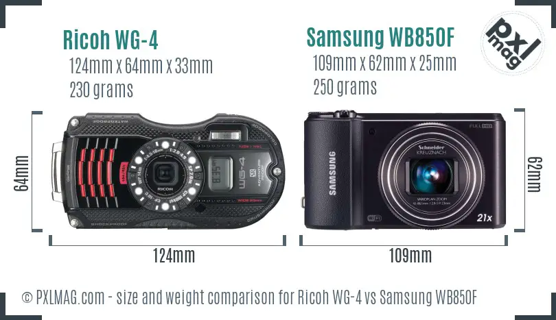 Ricoh WG-4 vs Samsung WB850F size comparison