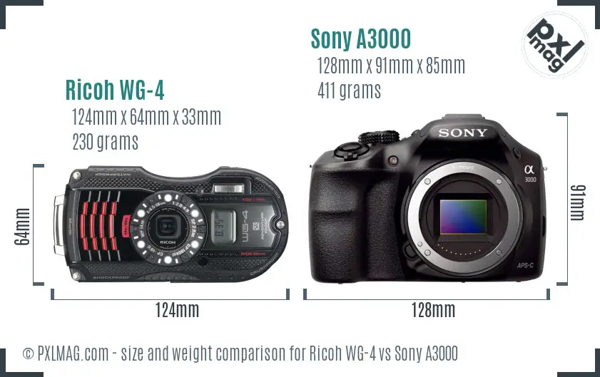 Ricoh WG-4 vs Sony A3000 size comparison