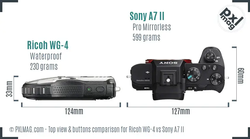 Ricoh WG-4 vs Sony A7 II top view buttons comparison