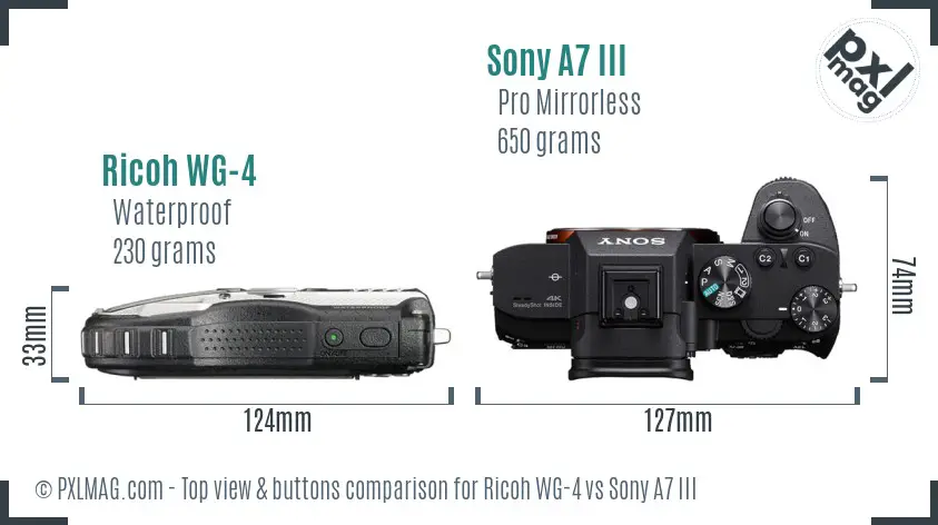Ricoh WG-4 vs Sony A7 III top view buttons comparison Ricoh WG-4 vs Sony A7 III top view buttons comparison