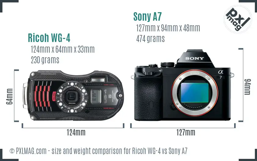 Ricoh WG-4 vs Sony A7 size comparison
