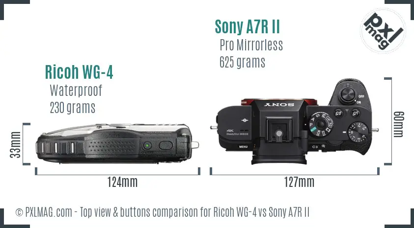 Ricoh WG-4 vs Sony A7R II top view buttons comparison
