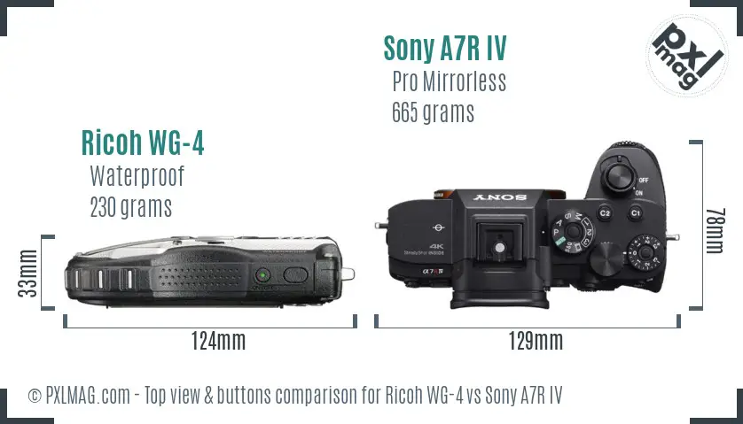 Ricoh WG-4 vs Sony A7R IV top view buttons comparison Ricoh WG-4 vs Sony A7R IV top view buttons comparison