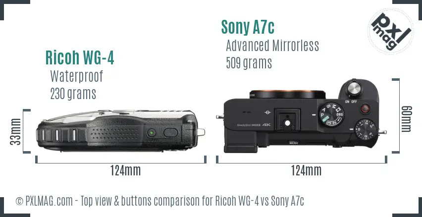 Ricoh WG-4 vs Sony A7c top view buttons comparison Ricoh WG-4 vs Sony A7c top view buttons comparison
