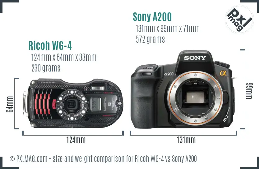 Ricoh WG-4 vs Sony A200 size comparison