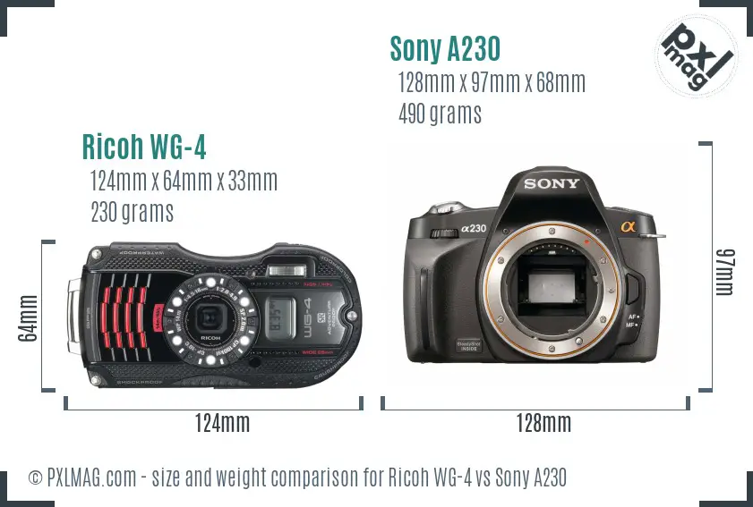 Ricoh WG-4 vs Sony A230 size comparison