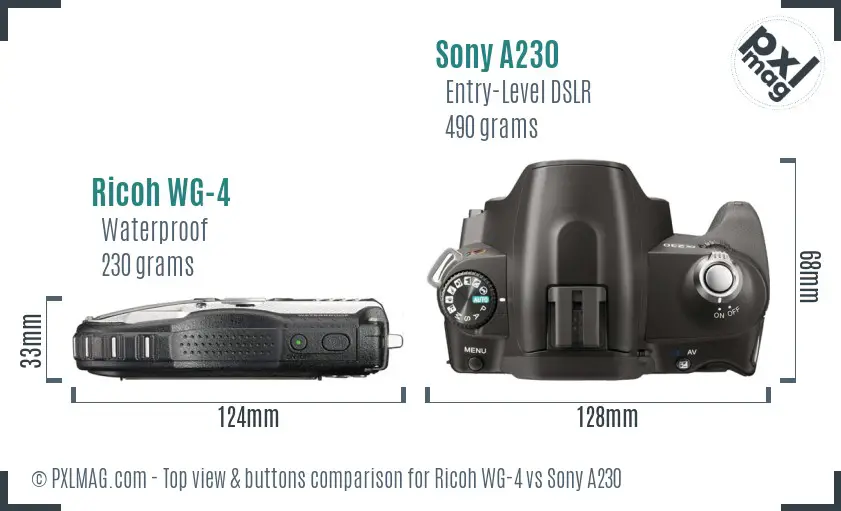 Ricoh WG-4 vs Sony A230 top view buttons comparison Ricoh WG-4 vs Sony A230 top view buttons comparison