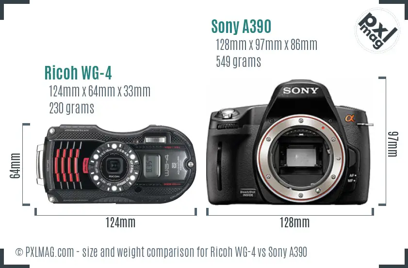 Ricoh WG-4 vs Sony A390 size comparison