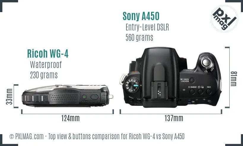 Ricoh WG-4 vs Sony A450 top view buttons comparison