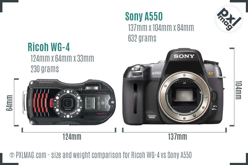 Ricoh WG-4 vs Sony A550 size comparison