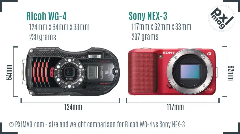 Ricoh WG-4 vs Sony NEX-3 size comparison