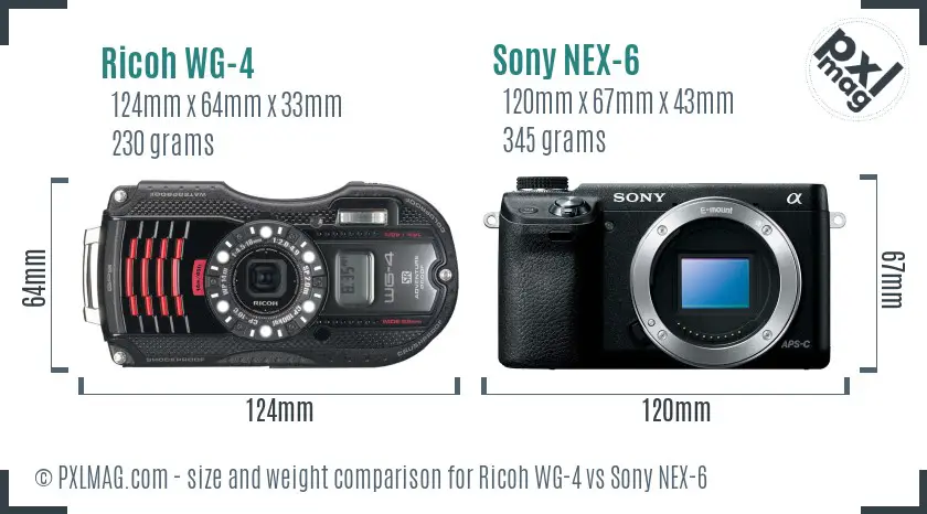 Ricoh WG-4 vs Sony NEX-6 size comparison