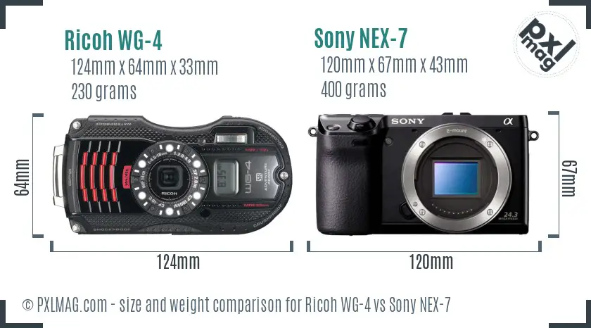 Ricoh WG-4 vs Sony NEX-7 size comparison