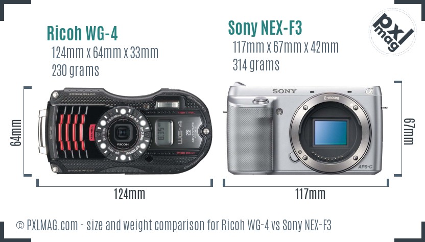 Ricoh WG-4 vs Sony NEX-F3 size comparison