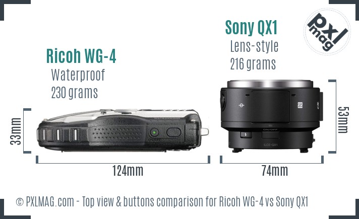 Ricoh WG-4 vs Sony QX1 top view buttons comparison