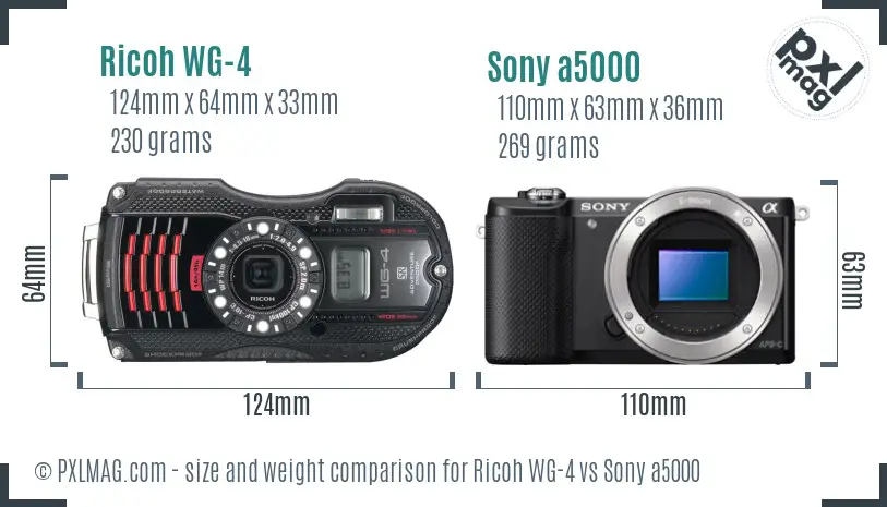 Ricoh WG-4 vs Sony a5000 size comparison