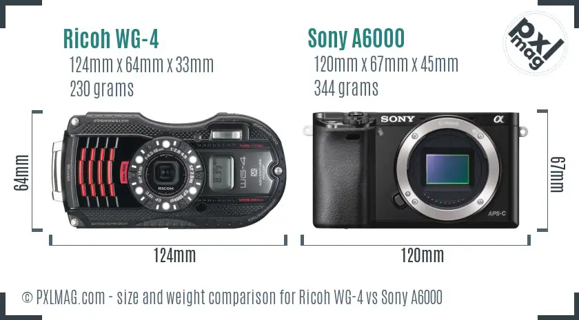 Ricoh WG-4 vs Sony A6000 size comparison