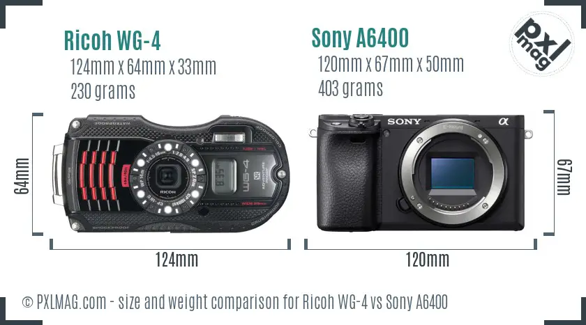 Ricoh WG-4 vs Sony A6400 size comparison