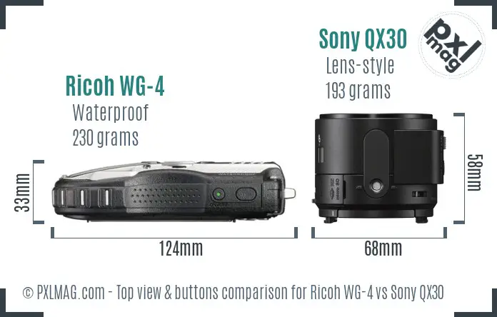 Ricoh WG-4 vs Sony QX30 top view buttons comparison Ricoh WG-4 vs Sony QX30 top view buttons comparison