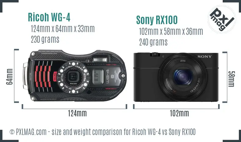 Ricoh WG-4 vs Sony RX100 size comparison