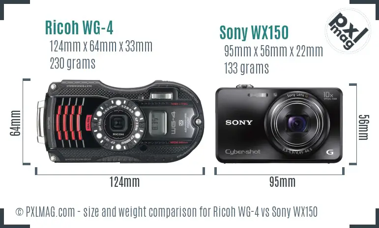 Ricoh WG-4 vs Sony WX150 size comparison