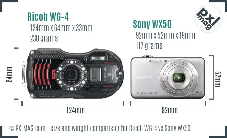Ricoh WG-4 vs Sony WX50 size comparison