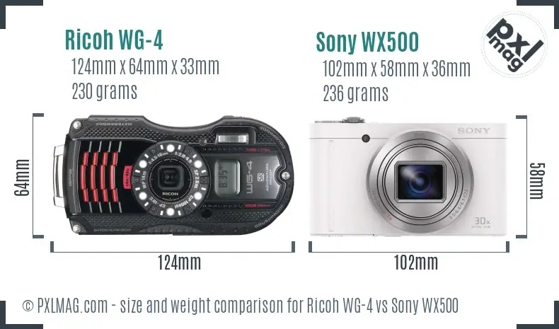 Ricoh WG-4 vs Sony WX500 size comparison
