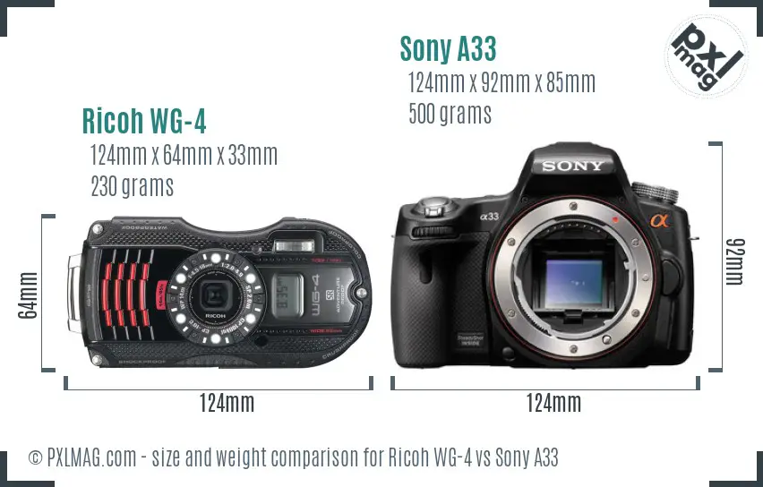 Ricoh WG-4 vs Sony A33 size comparison