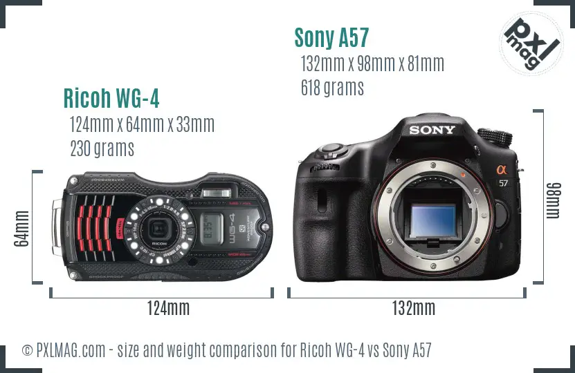 Ricoh WG-4 vs Sony A57 size comparison