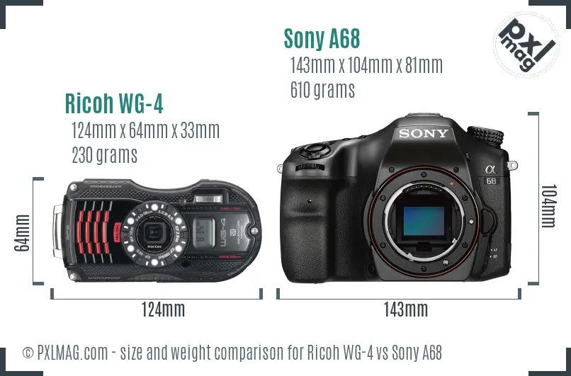 Ricoh WG-4 vs Sony A68 size comparison