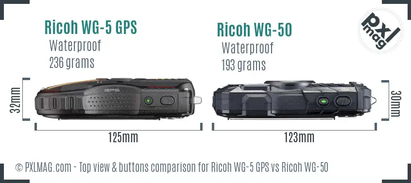 Ricoh WG-5 GPS vs Ricoh WG-50 top view buttons comparison